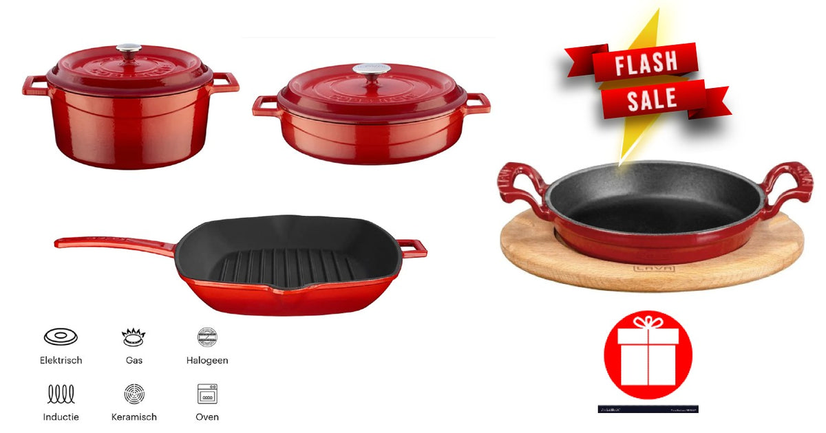 Lava Casting Red Cookware Set 24cm Round Casserole + 28cm Multi Purpose Pot + Grill Pan
