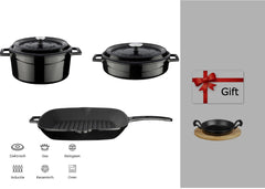 Lava Casting zwarte pannenset 24 cm ronde braadpan + 28 cm multifunctionele pan + grillpan