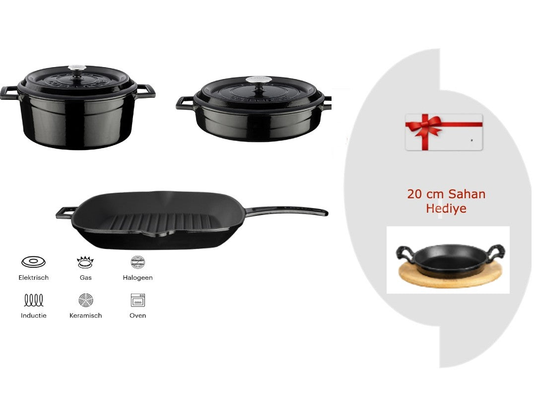 Lava Casting Juego de utensilios de cocina negros, cacerola redonda de 24 cm + olla multiusos de 28 cm + sartén para parrilla