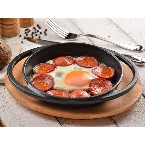 LAVA CASTING ROUND HANDLE PAN AND WOODEN BASE. DIAMETER(Ø)20CM. LV ECO Y TV 20 K4
