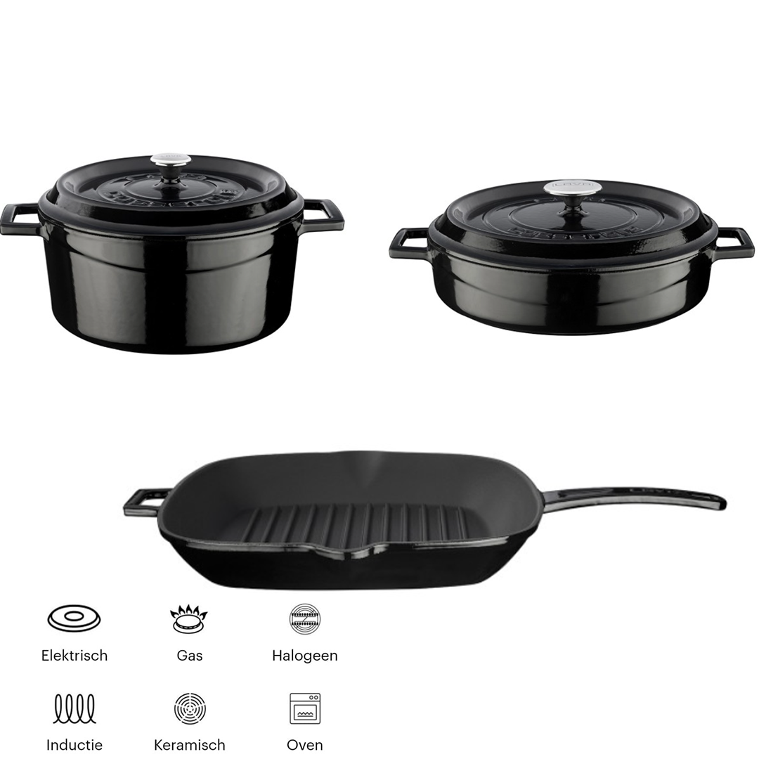 Lava Casting Black Cookware Set 24cm Round Casserole  + 28cm Multi Purpose Pot + Grill Pan