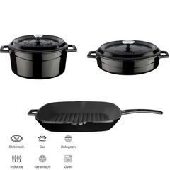 Lava Casting zwarte pannenset 24 cm ronde braadpan + 28 cm multifunctionele pan + grillpan