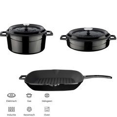 Lava Casting Black Cookware Set 24cm Round Casserole  + 28cm Multi Purpose Pot + Grill Pan