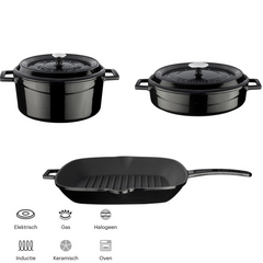 Lava Casting Juego de utensilios de cocina negros, cacerola redonda de 24 cm + olla multiusos de 28 cm + sartén para parrilla